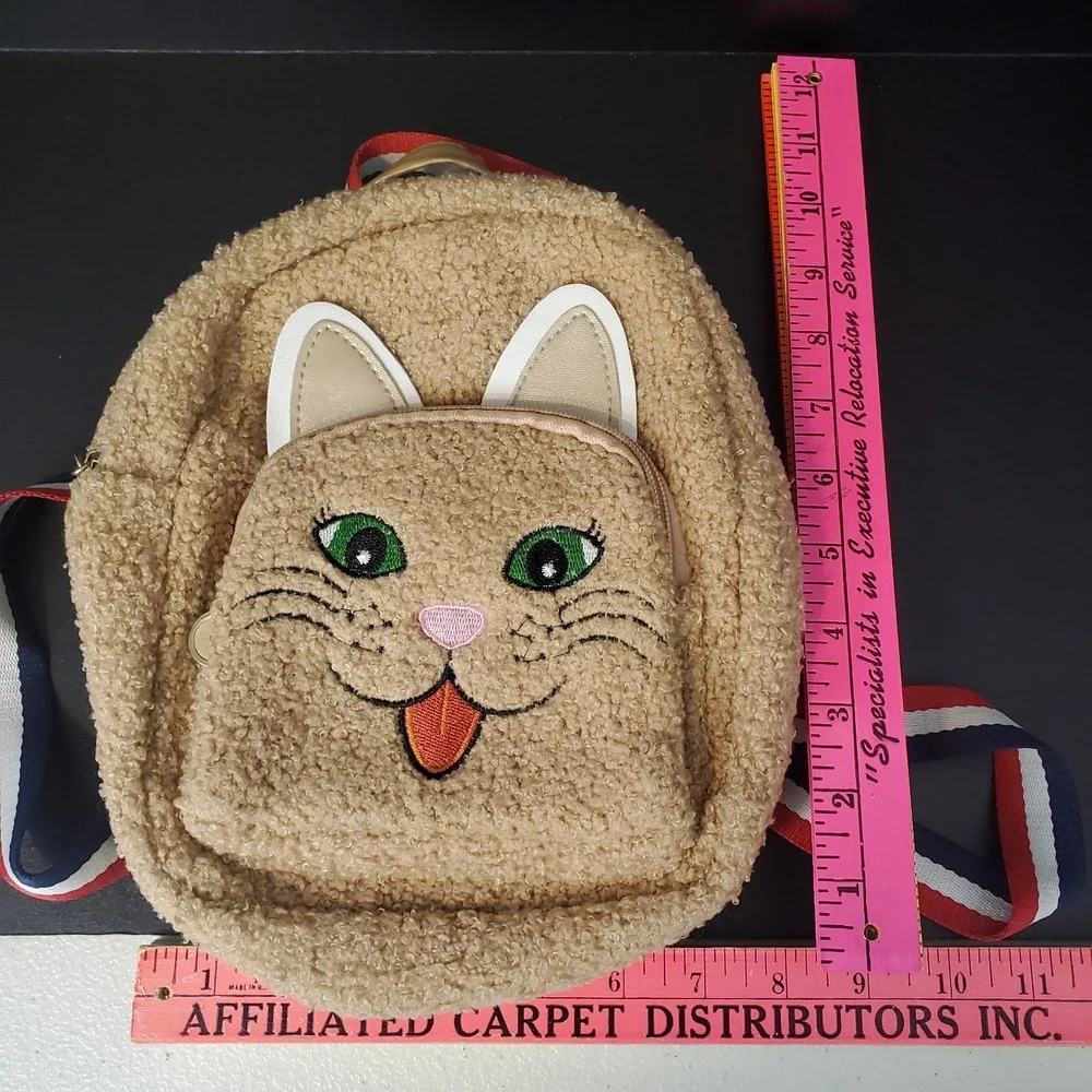 Small Brown Smiling Kitty Cat Mini Backpack Shaggy Kawaii Cute 8